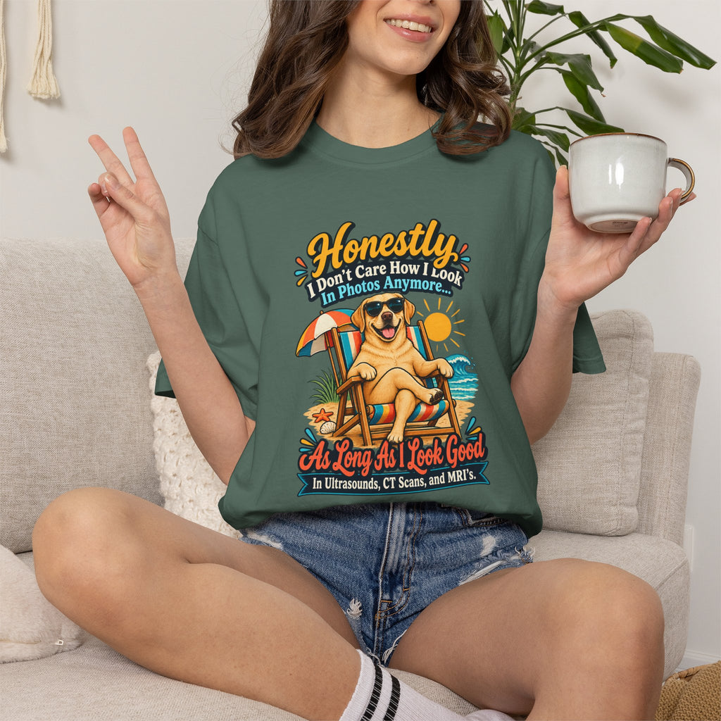 Honestly I Don’t Care How I Look In Photos Anymore T-Shirt — Funny Beach Dog Graphic Tee