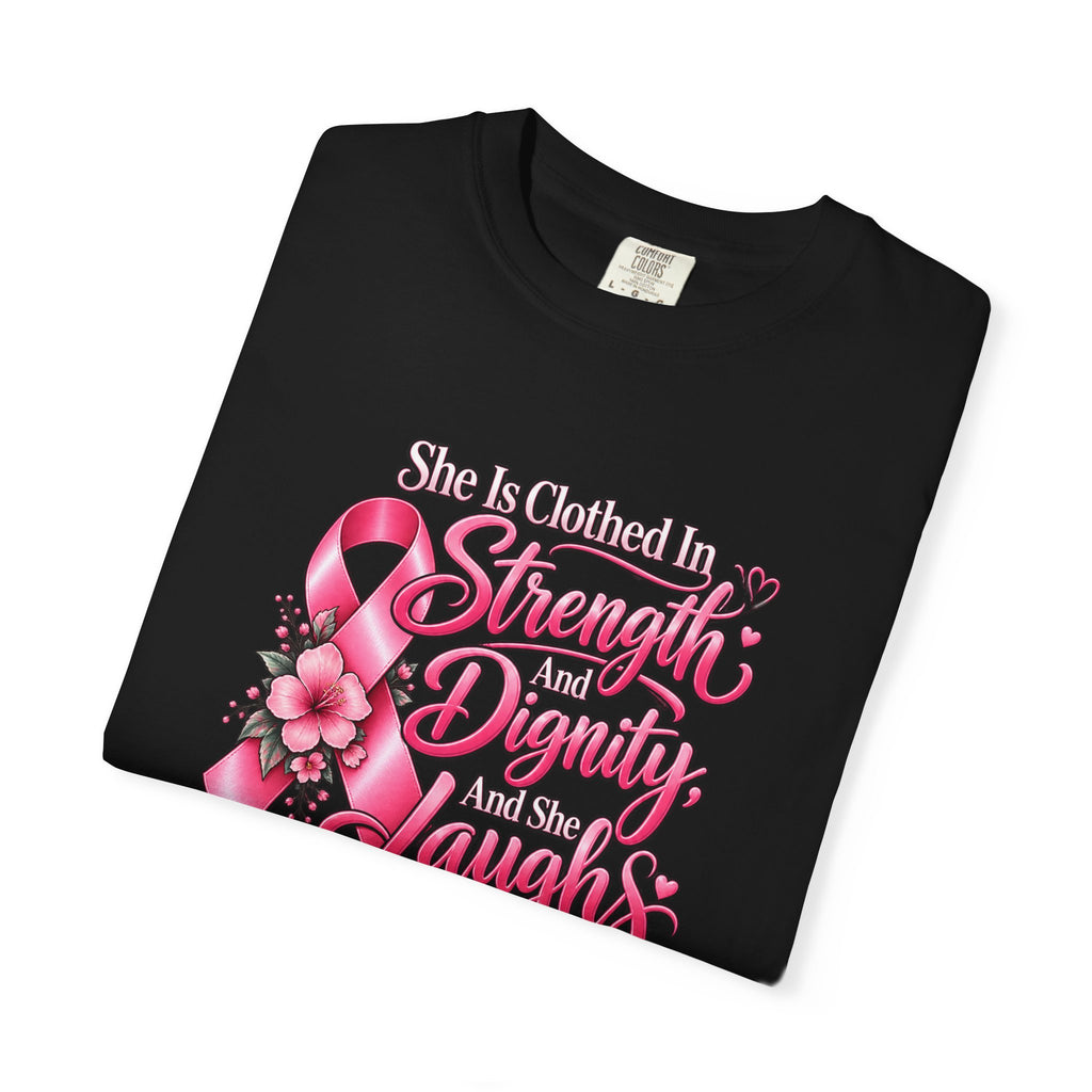 Breast Cancer Awareness T-Shirt — "She is Clothed in Strength" Pink Ribbon Tee