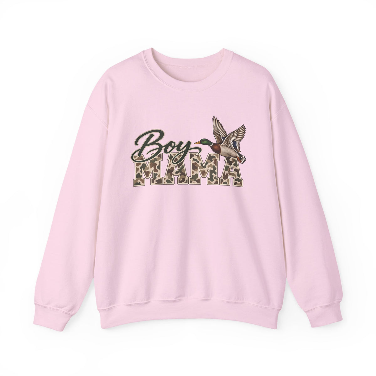 Boy Mama Crewneck Sweatshirt — Camo Lettering with Flying Duck