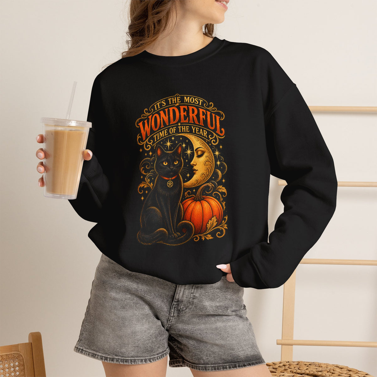 Vintage Halloween Sweatshirt - "It's the Most Wonderful Time of the Year" Black Cat & Moon Design