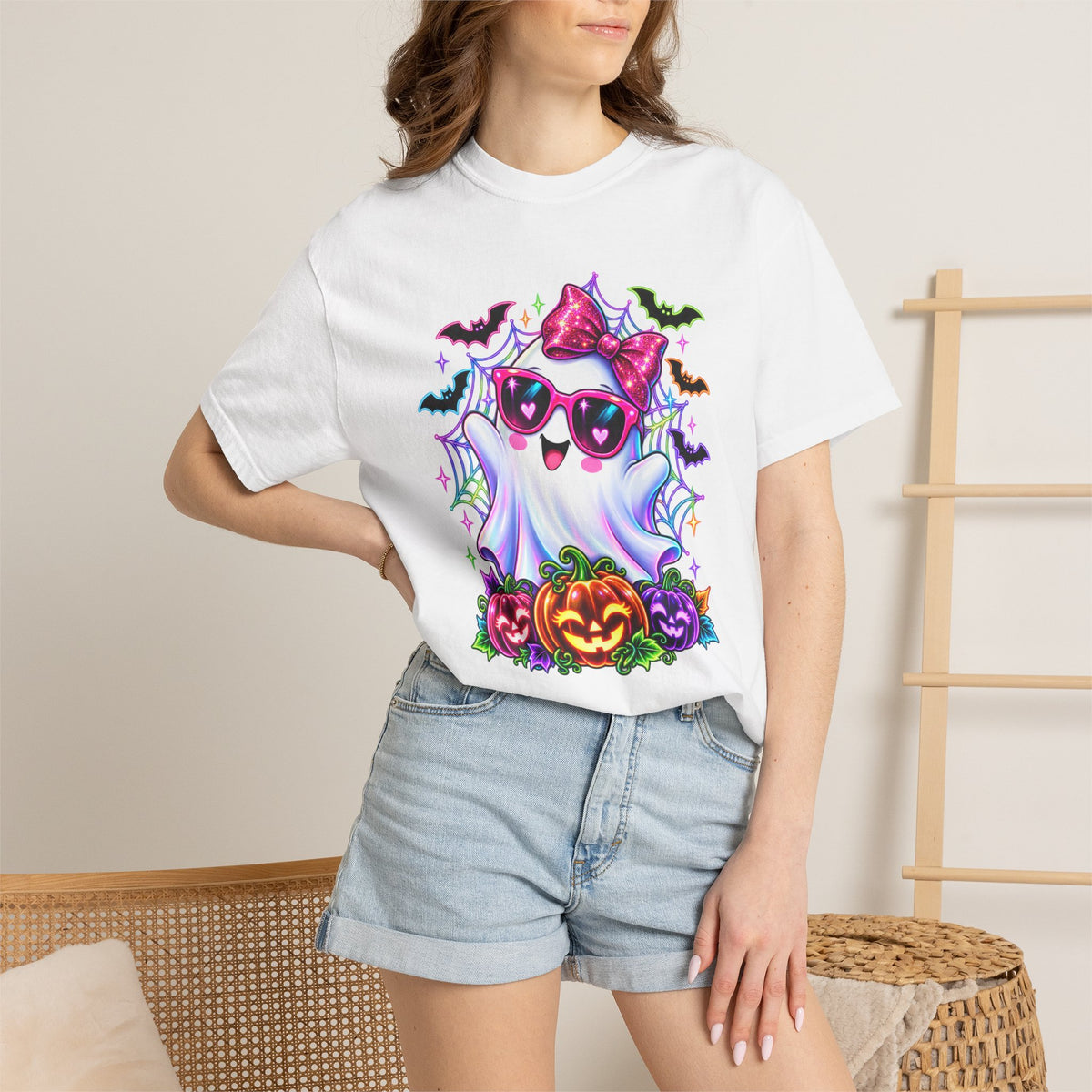Cute Halloween Ghost T-Shirt — Pink Bow Ghost with Sunglasses & Pumpkins