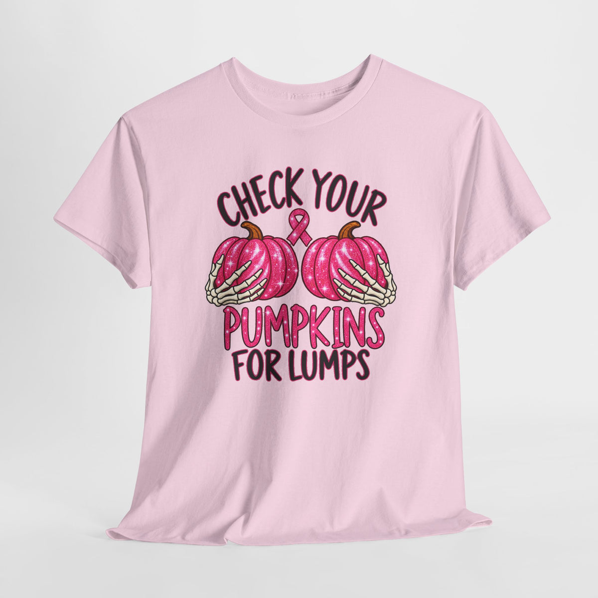 Breast Cancer Awareness T-Shirt — "Check Your Pumpkins for Lumps" Pink Ribbon Tee
