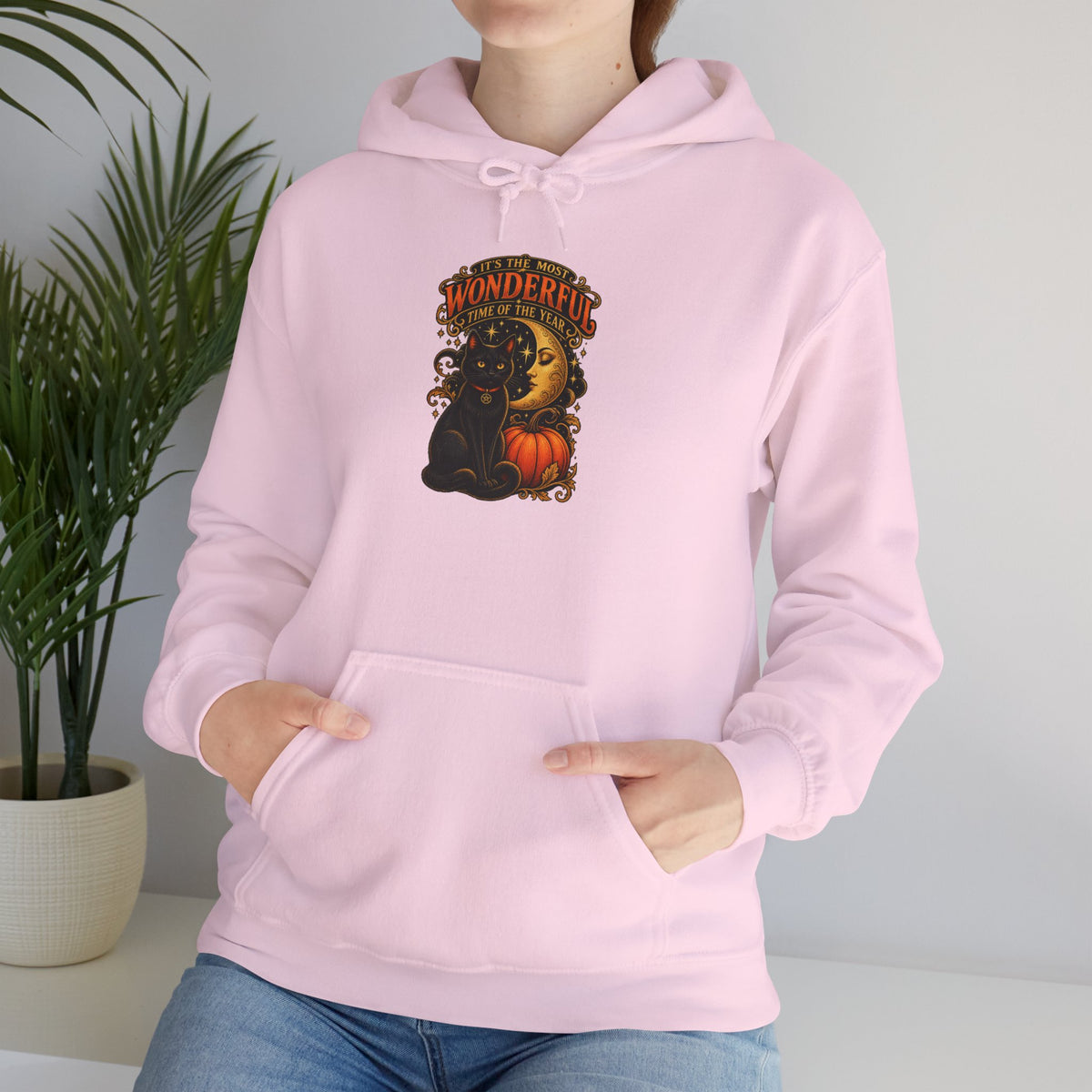 Halloween Black Cat Moon Hoodie – Vintage Pumpkin & Crescent Moon Fall Sweatshirt
