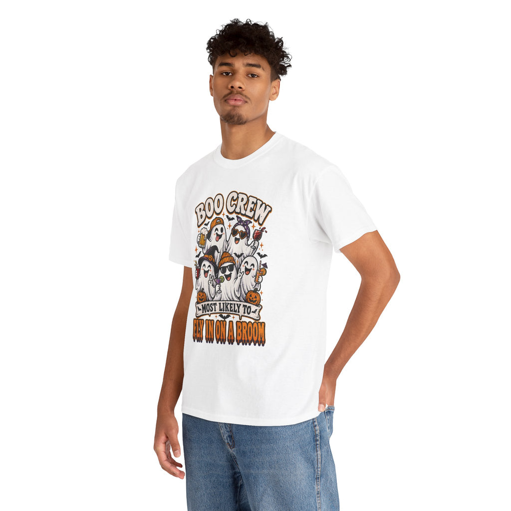 Boo Crew T-Shirt — “Most Likely to Fly on a Broom” Halloween Ghost Tee