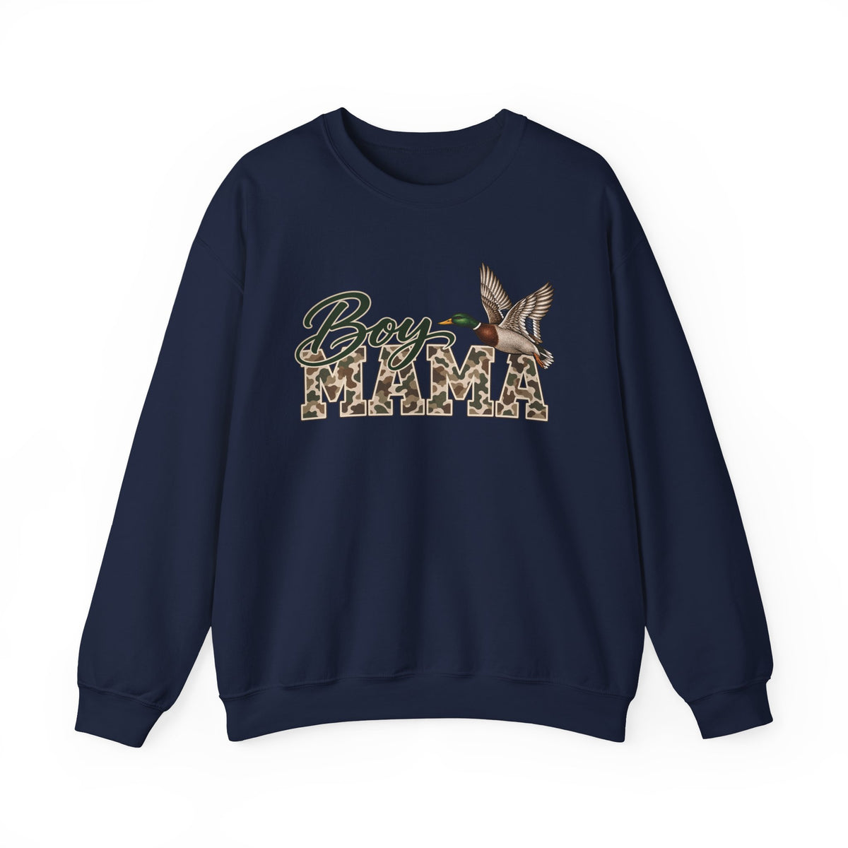Boy Mama Crewneck Sweatshirt — Camo Lettering with Flying Duck