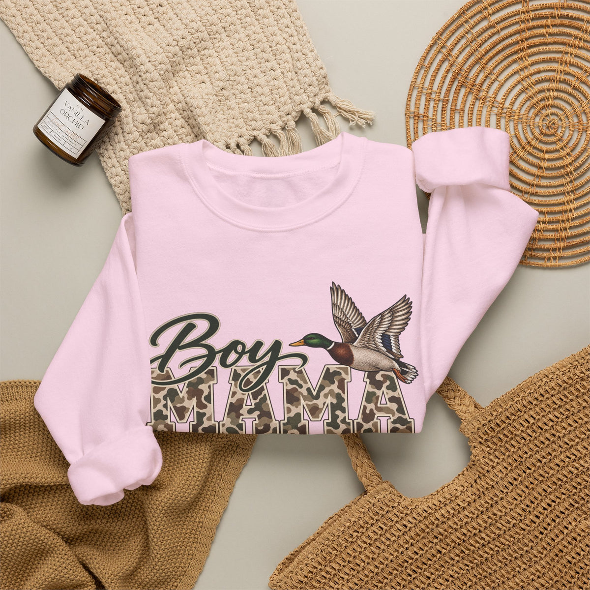 Boy Mama Crewneck Sweatshirt — Camo Lettering with Flying Duck