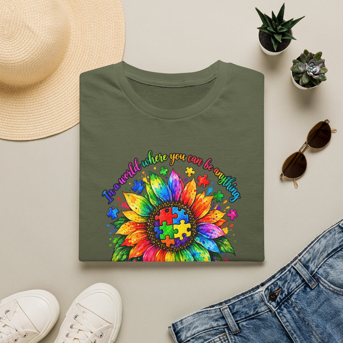 Autism Awareness Sunflower T-Shirt — 'Be Kind' Rainbow Puzzle Design