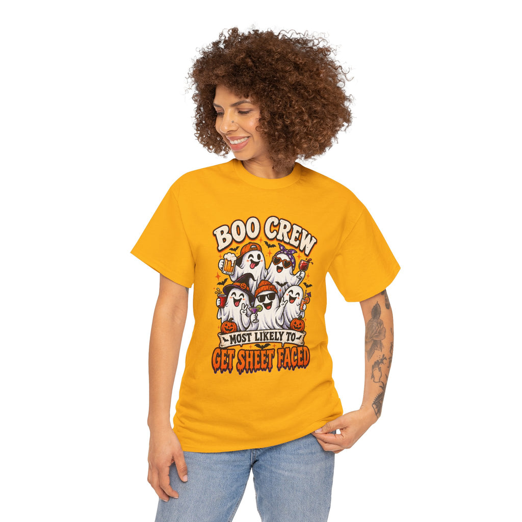 Boo Crew Halloween T-Shirt — “Most Likely to Get Sheet Faced” Funny Ghost Party Tee