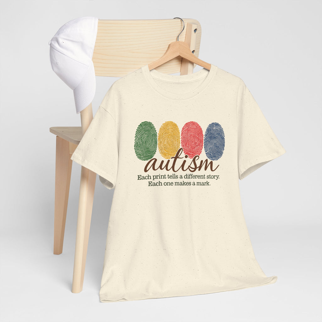 Autism Awareness T-Shirt — "Each Print Tells a Different Story" Colorful Fingerprint Tee