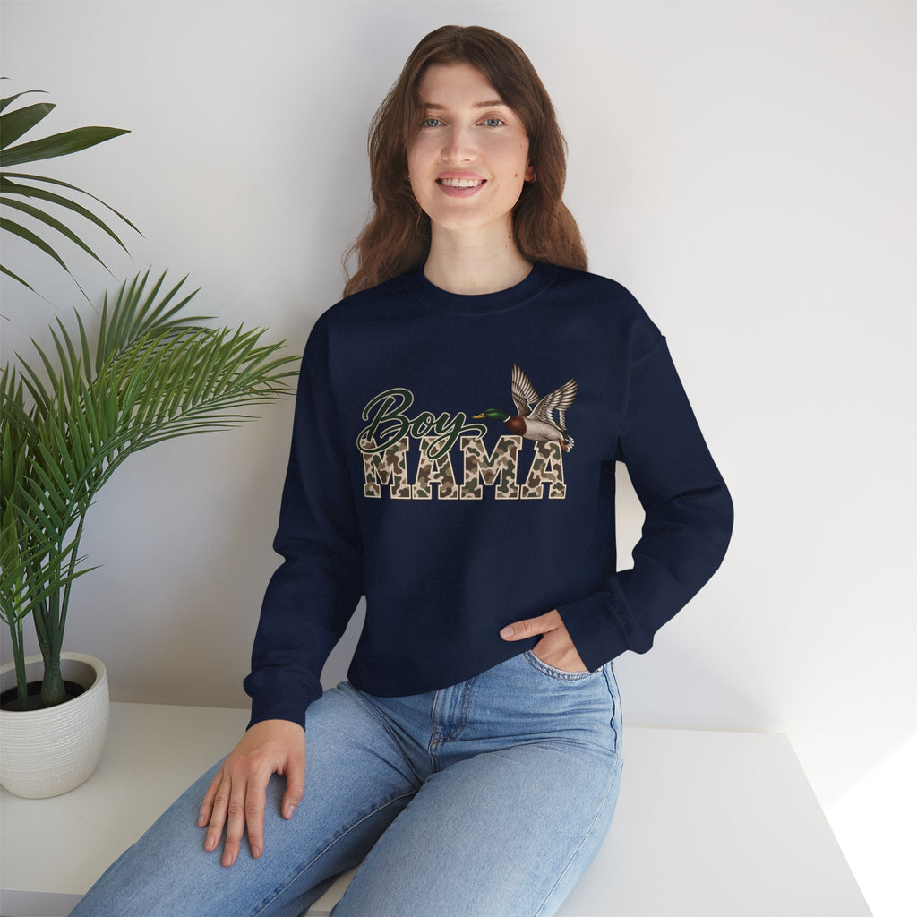 Boy Mama Crewneck Sweatshirt — Camo Lettering with Flying Duck