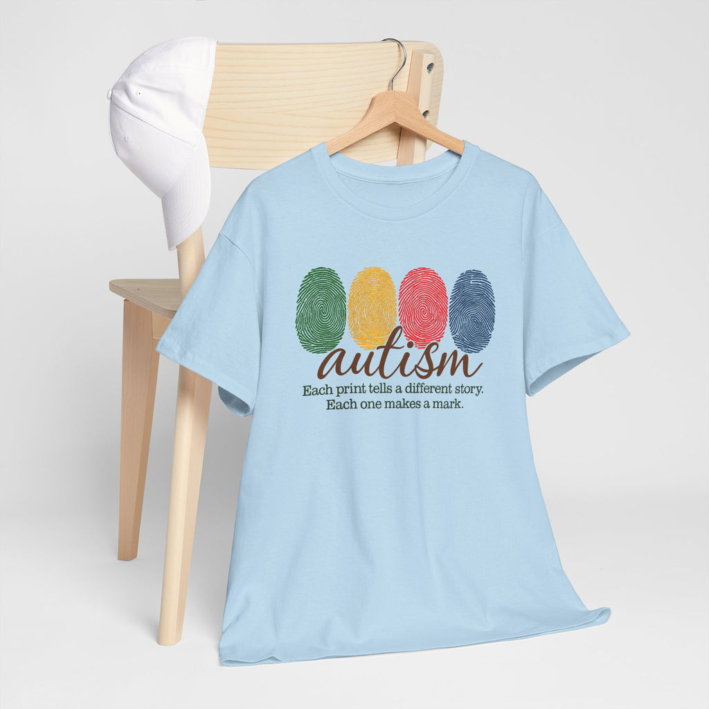 Autism Awareness T-Shirt — "Each Print Tells a Different Story" Colorful Fingerprint Tee