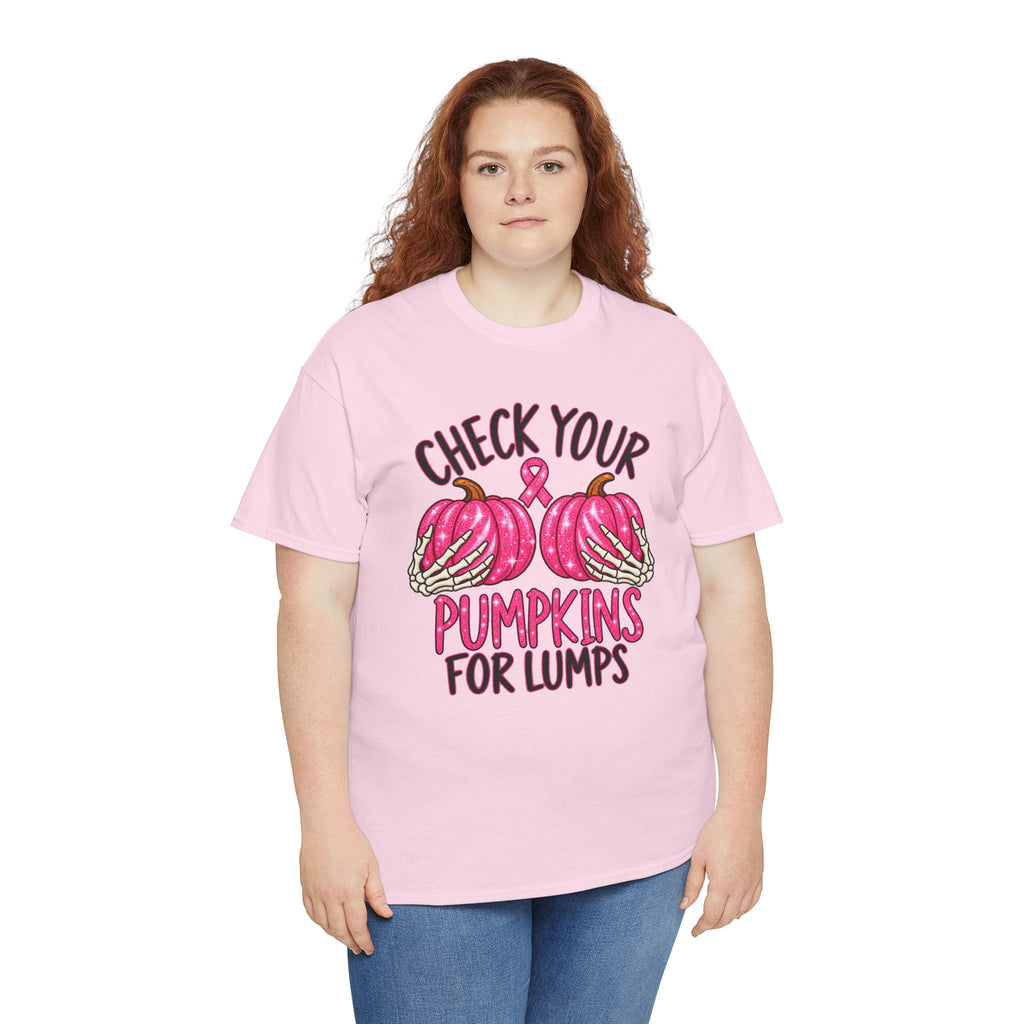Breast Cancer Awareness T-Shirt — "Check Your Pumpkins for Lumps" Pink Ribbon Tee