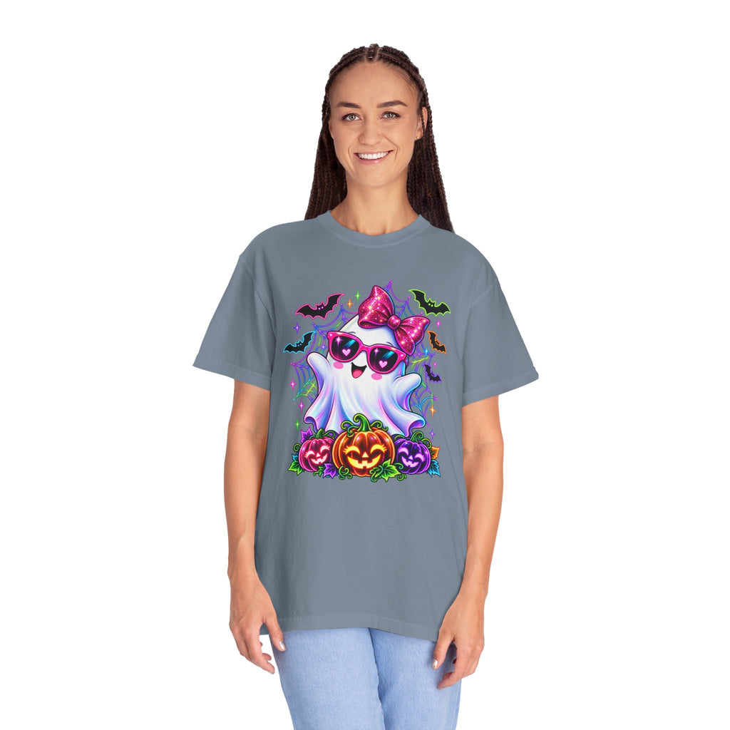 Cute Halloween Ghost T-Shirt — Pink Bow Ghost with Sunglasses & Pumpkins