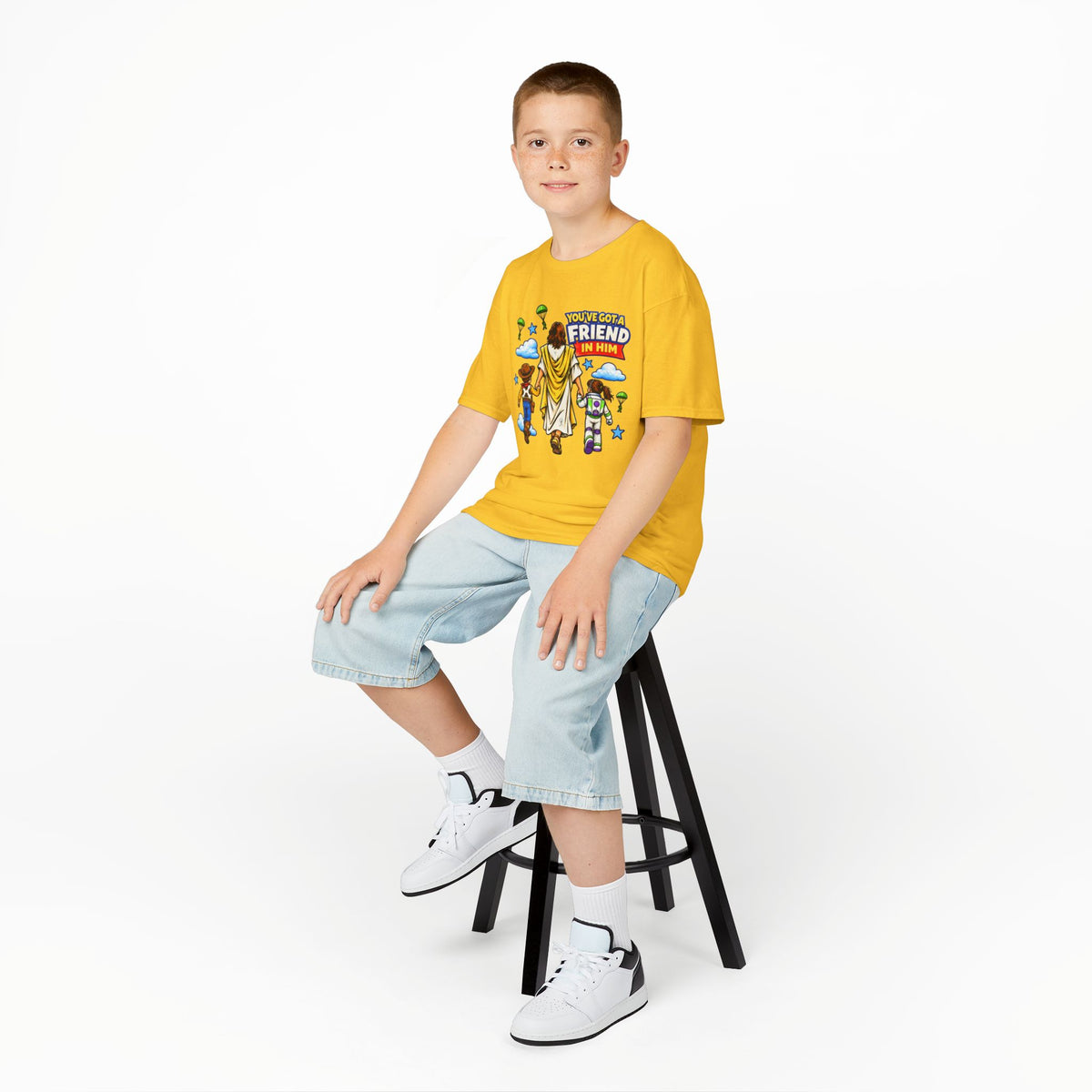 Kids Tee — "You've Gotta Friend in Him" Inspirational Jesus & Toy Friends Graphic