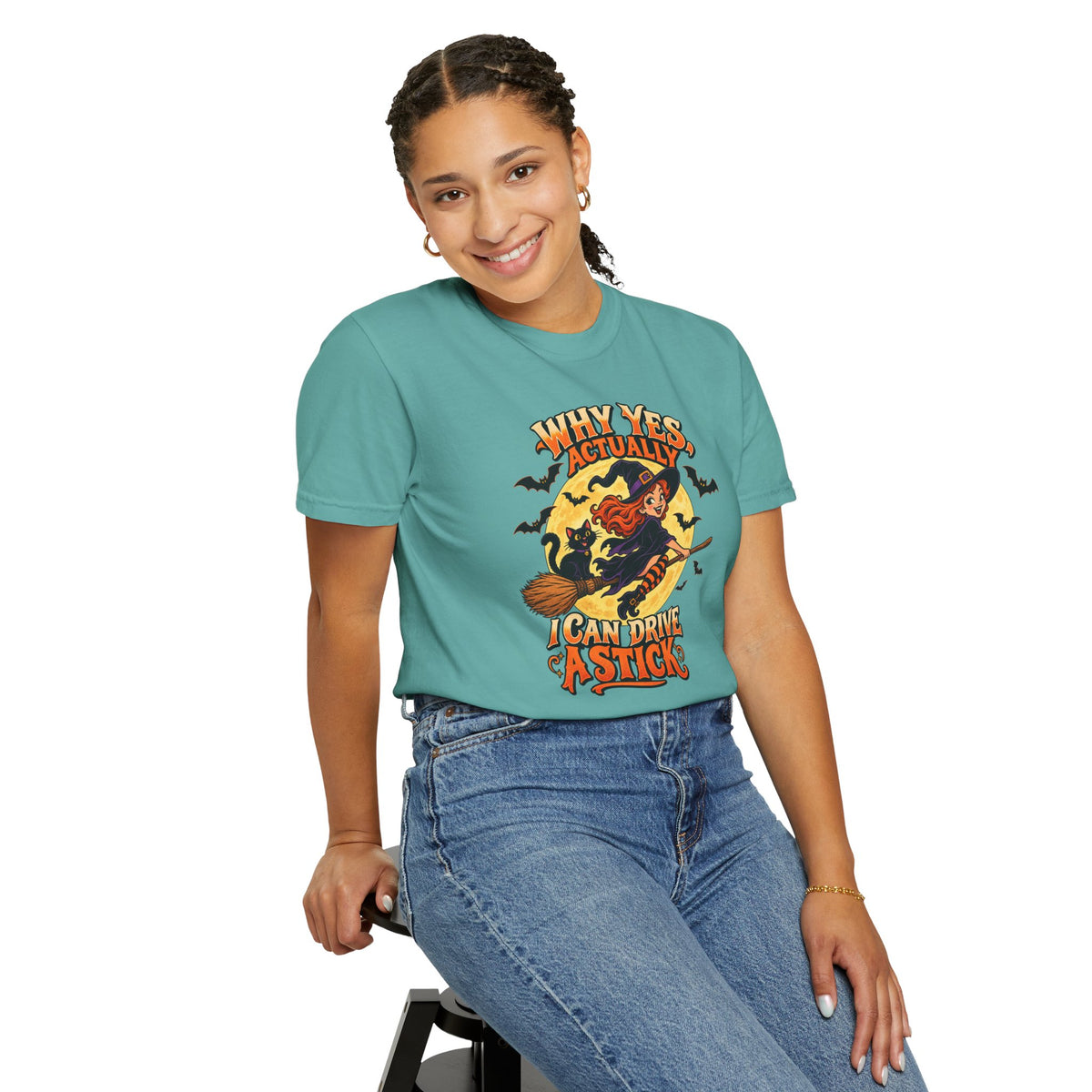 Witch Broom Halloween T-Shirt — "Why Yes Actually I Can Drive A Stick"