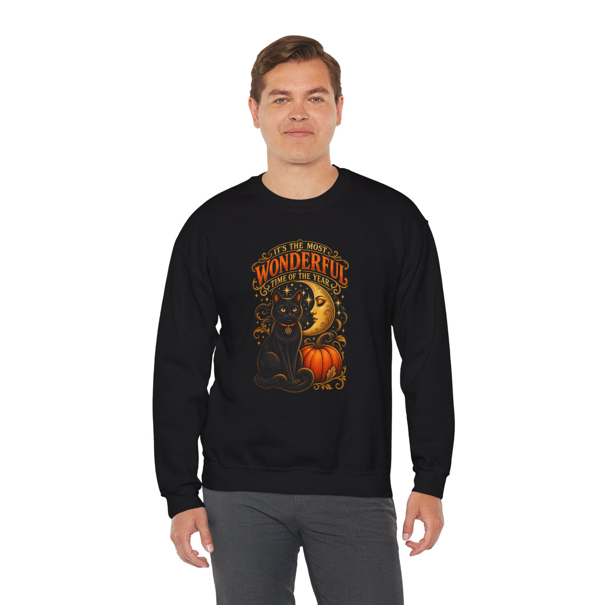 Vintage Halloween Sweatshirt - "It's the Most Wonderful Time of the Year" Black Cat & Moon Design