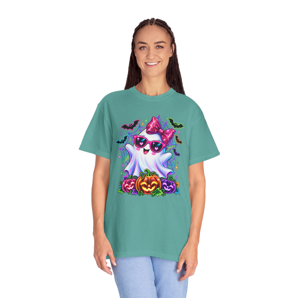 Cute Halloween Ghost T-Shirt — Pink Bow Ghost with Sunglasses & Pumpkins