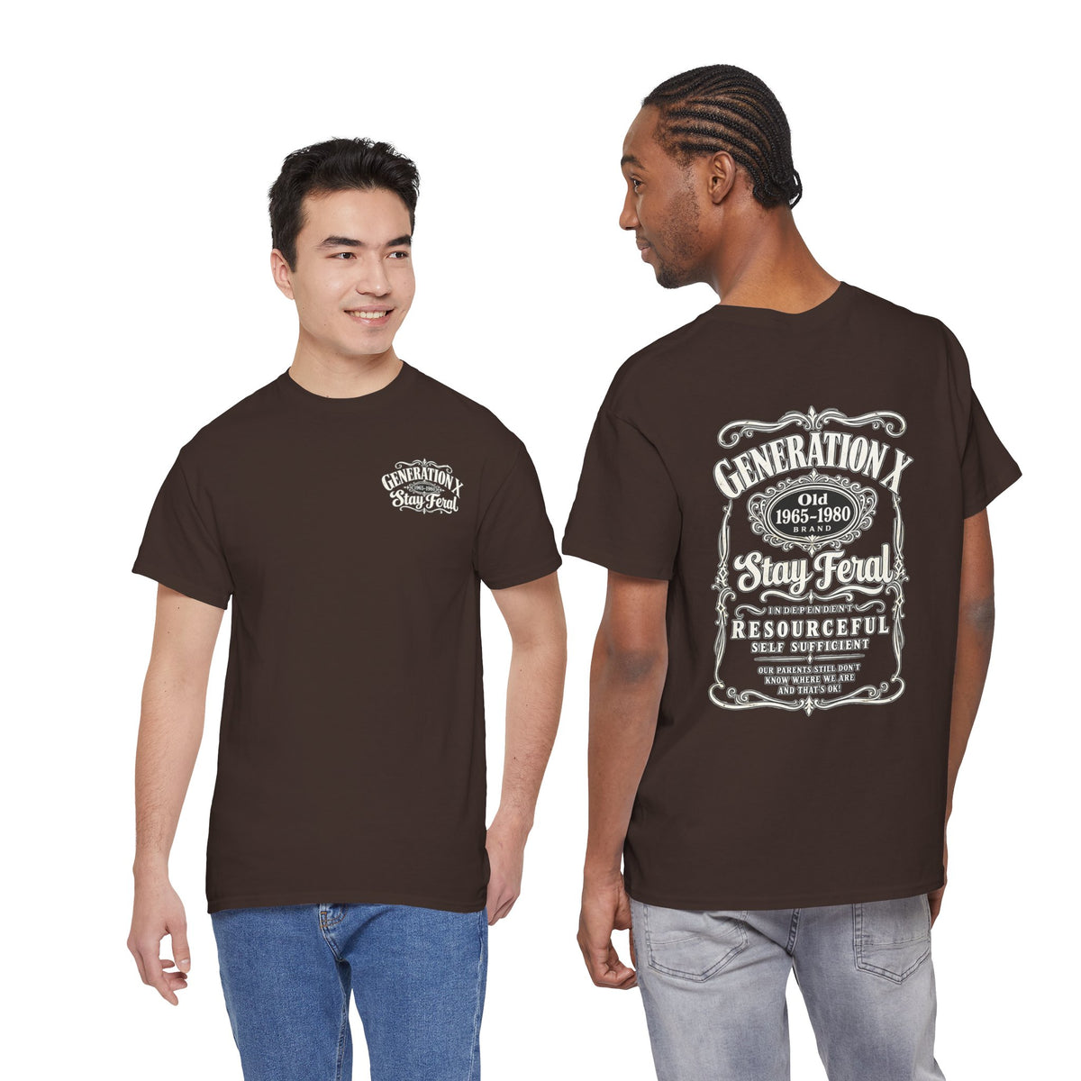 Generation X T‑Shirt — 'Stay Feral' Vintage Whiskey Label Tee (Born 1965–1980)