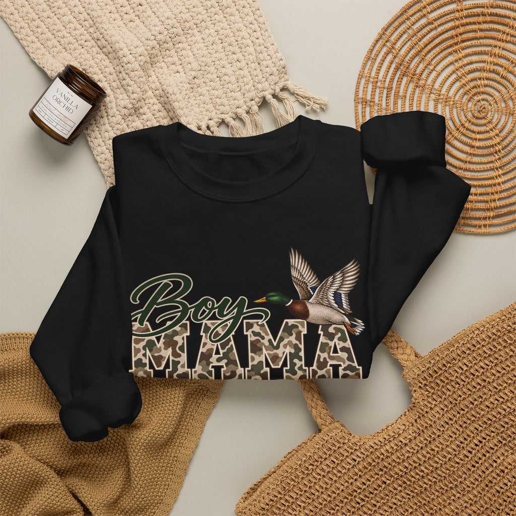 Boy Mama Crewneck Sweatshirt — Camo Lettering with Flying Duck