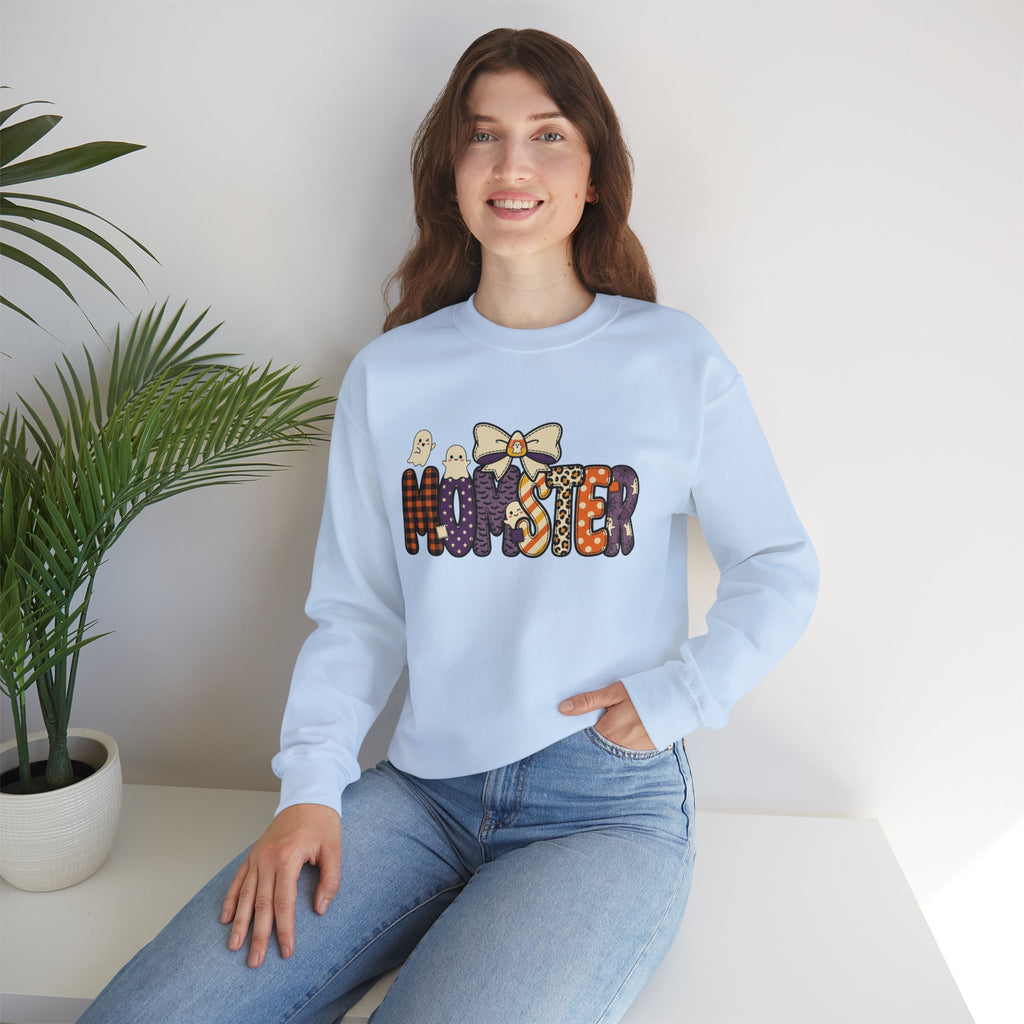 Momster Halloween Sweater | Momster Crewneck Sweatshirt, Halloween mom, purple orange spooky lettering