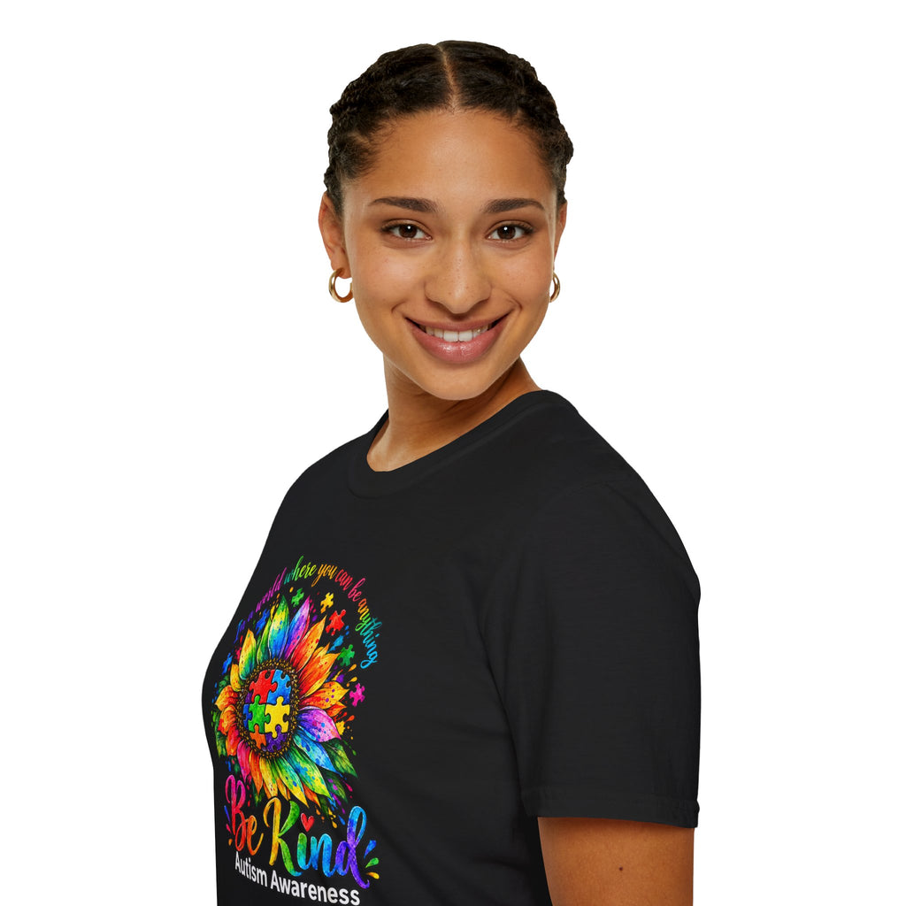Autism Awareness Sunflower T-Shirt — 'Be Kind' Rainbow Puzzle Design