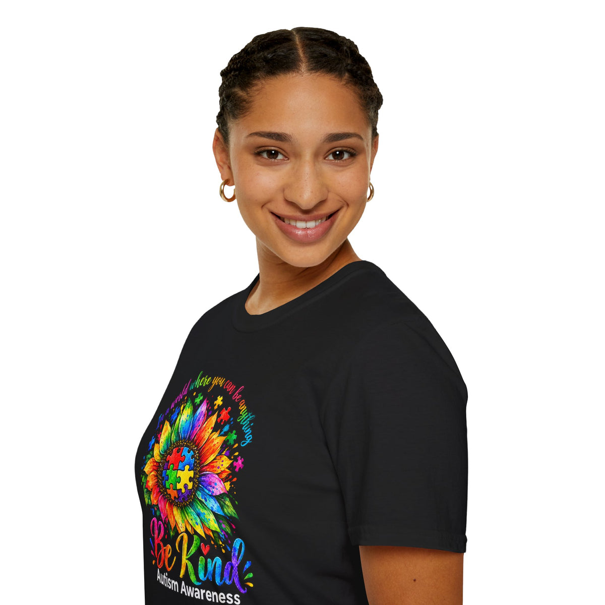 Autism Awareness Sunflower T-Shirt — 'Be Kind' Rainbow Puzzle Design