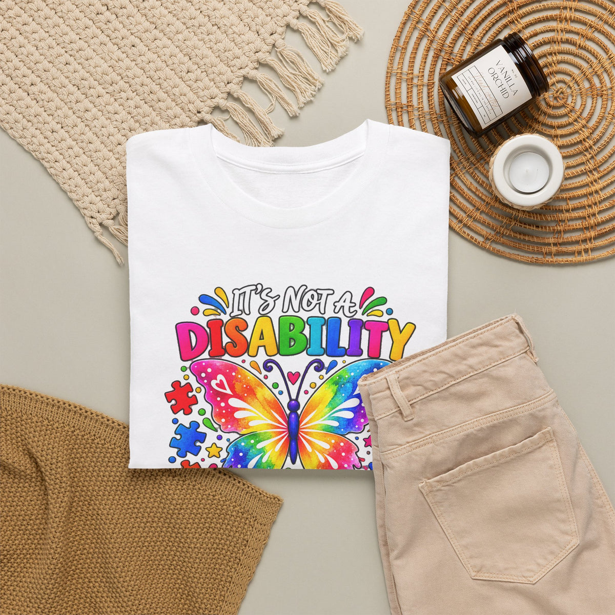 T-Shirt — "It's Not a Disability, It's a Different Ability" Rainbow Butterfly Awareness Tee