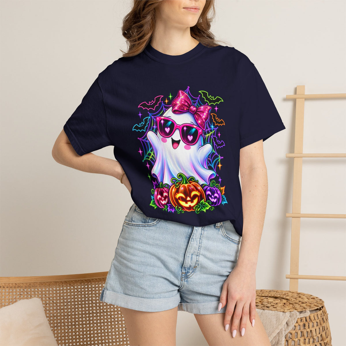 Cute Halloween Ghost T-Shirt — Pink Bow Ghost with Sunglasses & Pumpkins