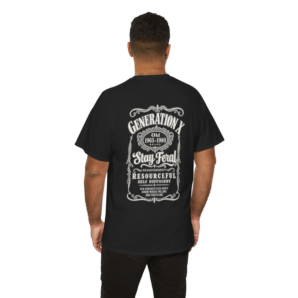 Generation X T‑Shirt — 'Stay Feral' Vintage Whiskey Label Tee (Born 1965–1980)