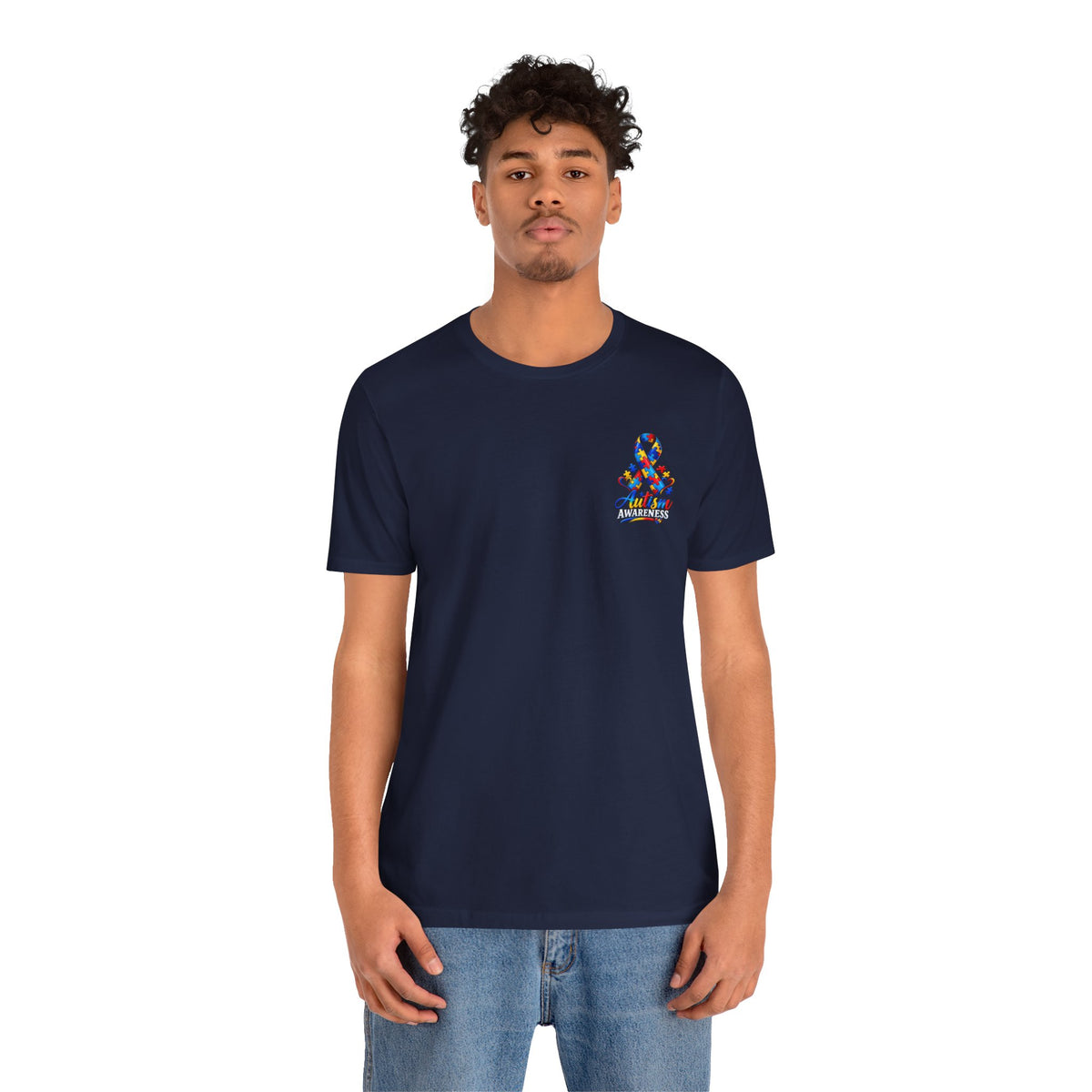 Autism Awareness Ribbon Chest Tee — 'Different, Not Less' Short Sleeve T-Shirt