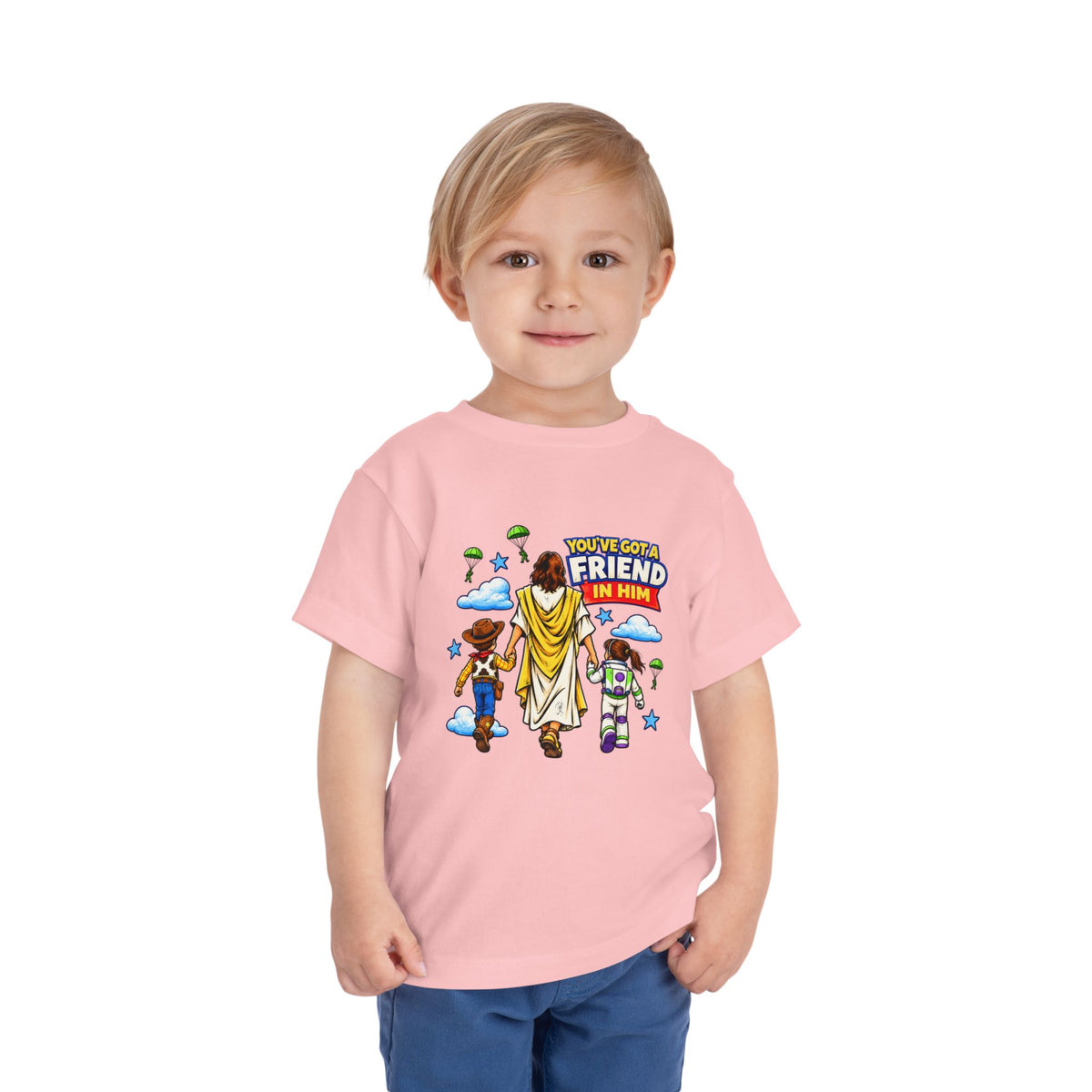 Toddler Tee — "You’ve Got a Friend in Him" Cartoon Faith & Toy Heroes Shirt