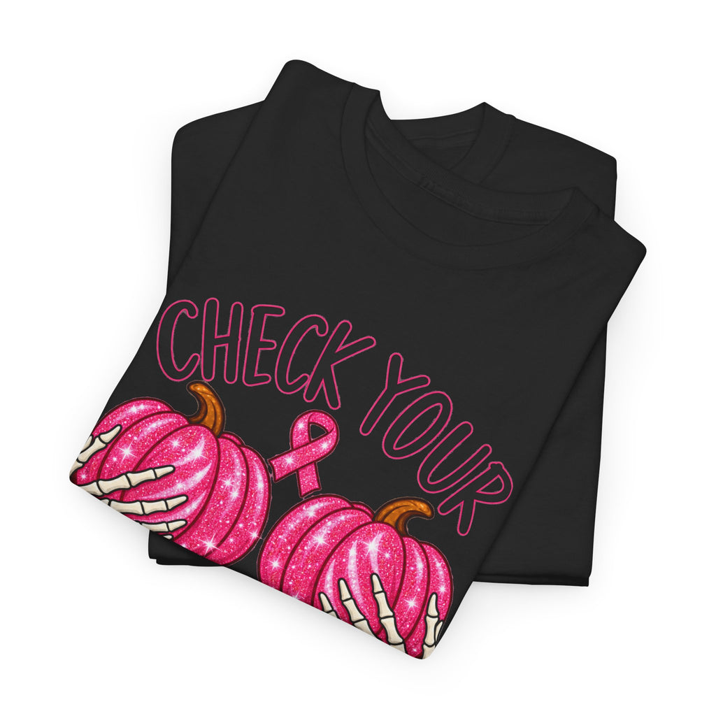 Breast Cancer Awareness T-Shirt — "Check Your Pumpkins for Lumps" Pink Ribbon Tee
