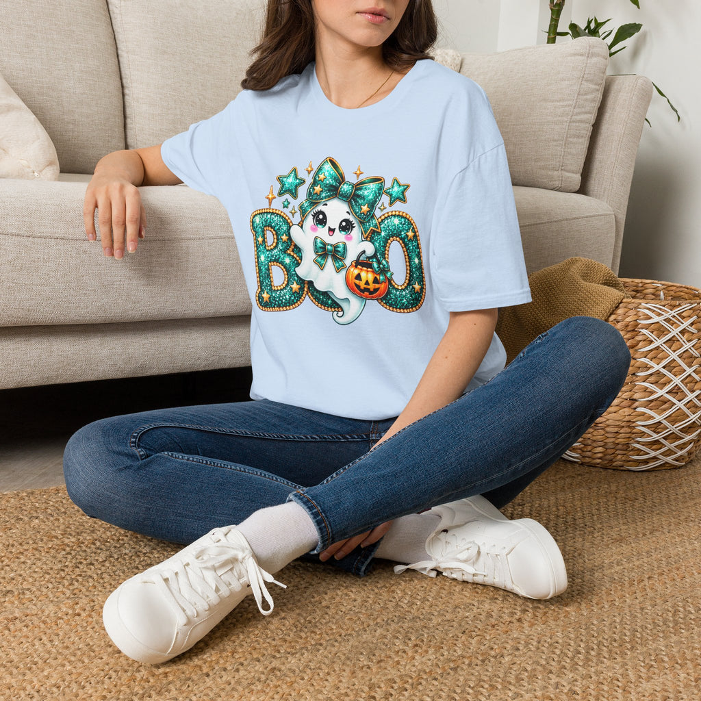 Boo Ghost Graphic T-Shirt — Cute Teal Glitter Halloween Tee