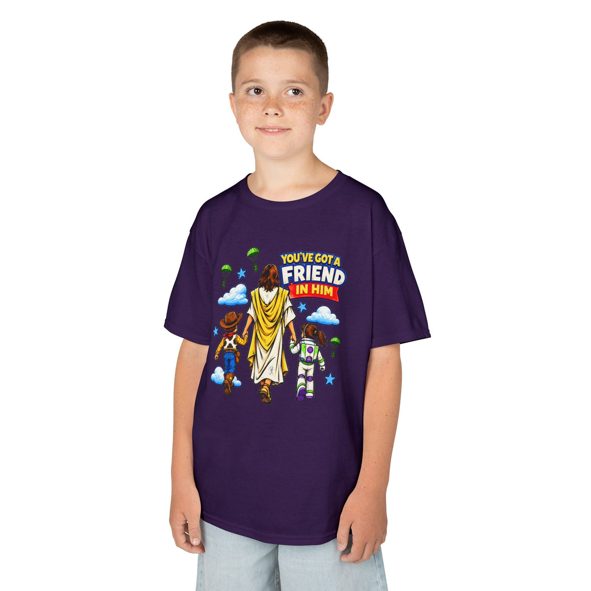 Kids Tee — "You've Gotta Friend in Him" Inspirational Jesus & Toy Friends Graphic