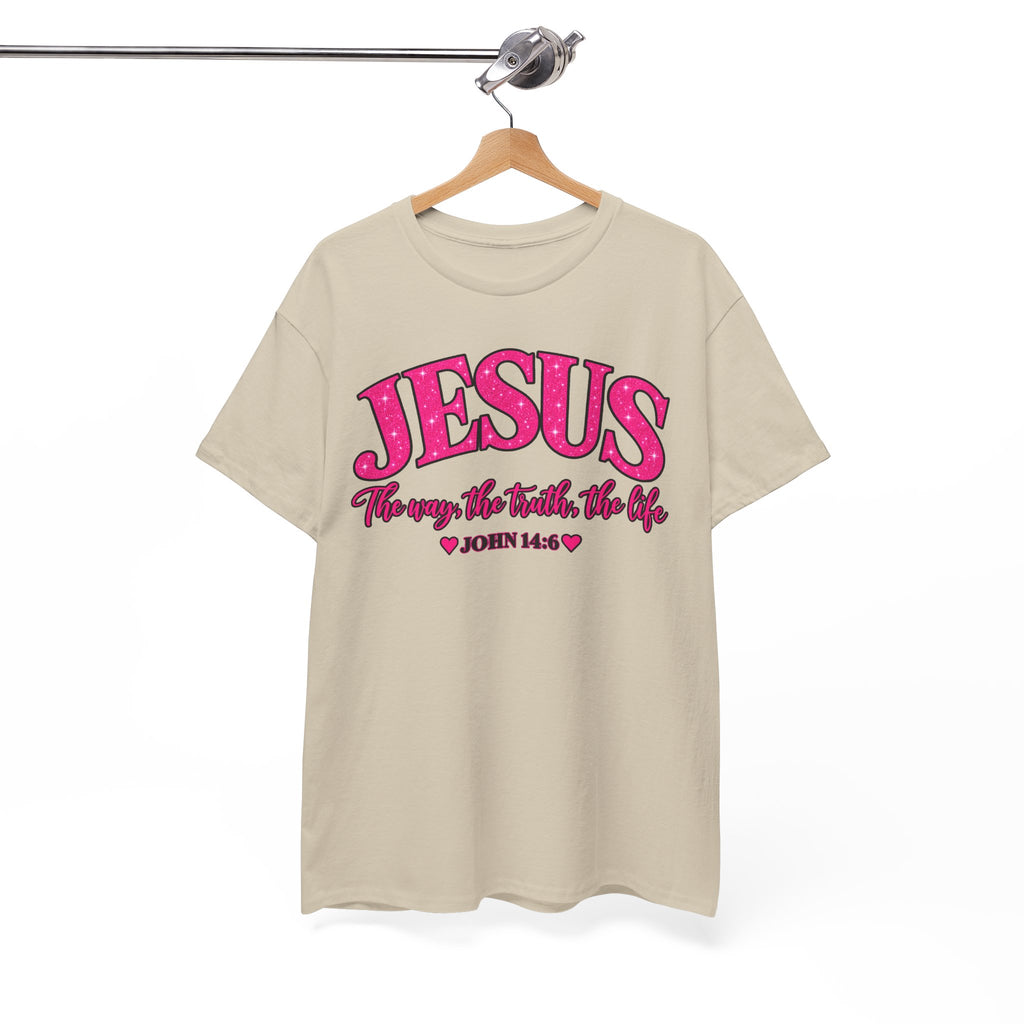 Christian T-Shirt — "JESUS The way, the truth, the life" (John 14:6) Pink Vintage Script