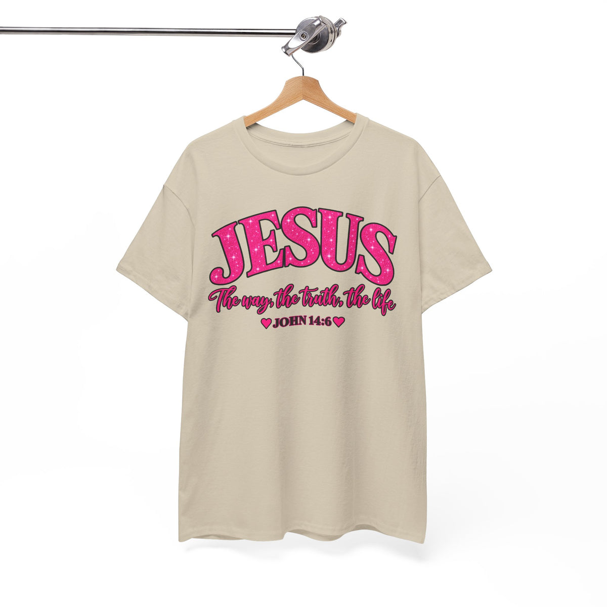 Christian T-Shirt — "JESUS The way, the truth, the life" (John 14:6) Pink Vintage Script