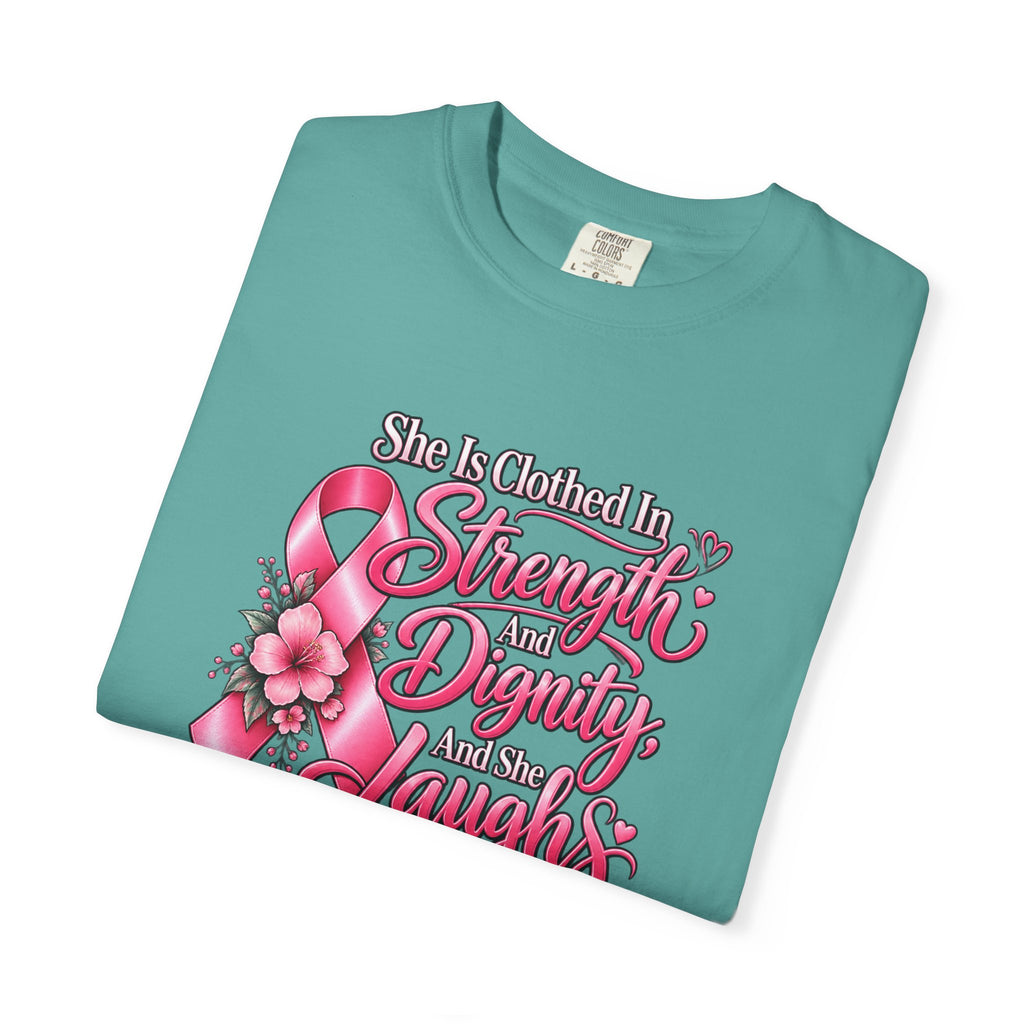Breast Cancer Awareness T-Shirt — "She is Clothed in Strength" Pink Ribbon Tee