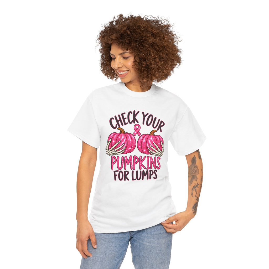 Breast Cancer Awareness T-Shirt — "Check Your Pumpkins for Lumps" Pink Ribbon Tee