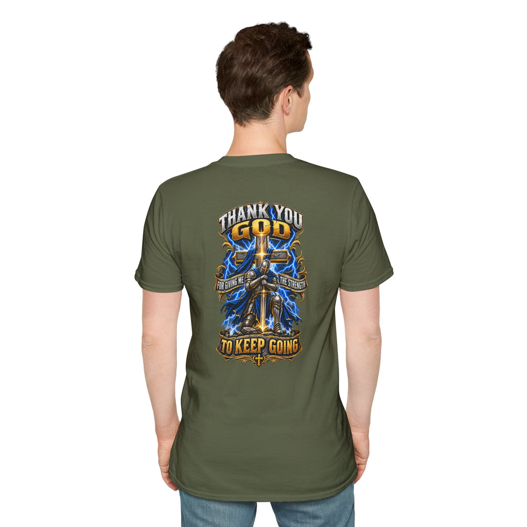 T-Shirt — "Thank You God I Keep Going" Faith Graphic Pocket Tee