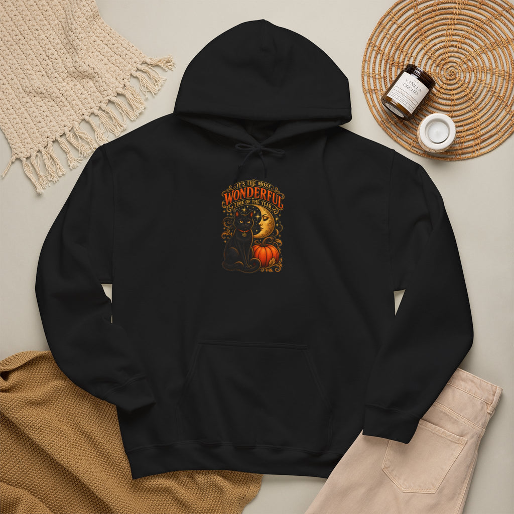 Halloween Black Cat Moon Hoodie – Vintage Pumpkin & Crescent Moon Fall Sweatshirt