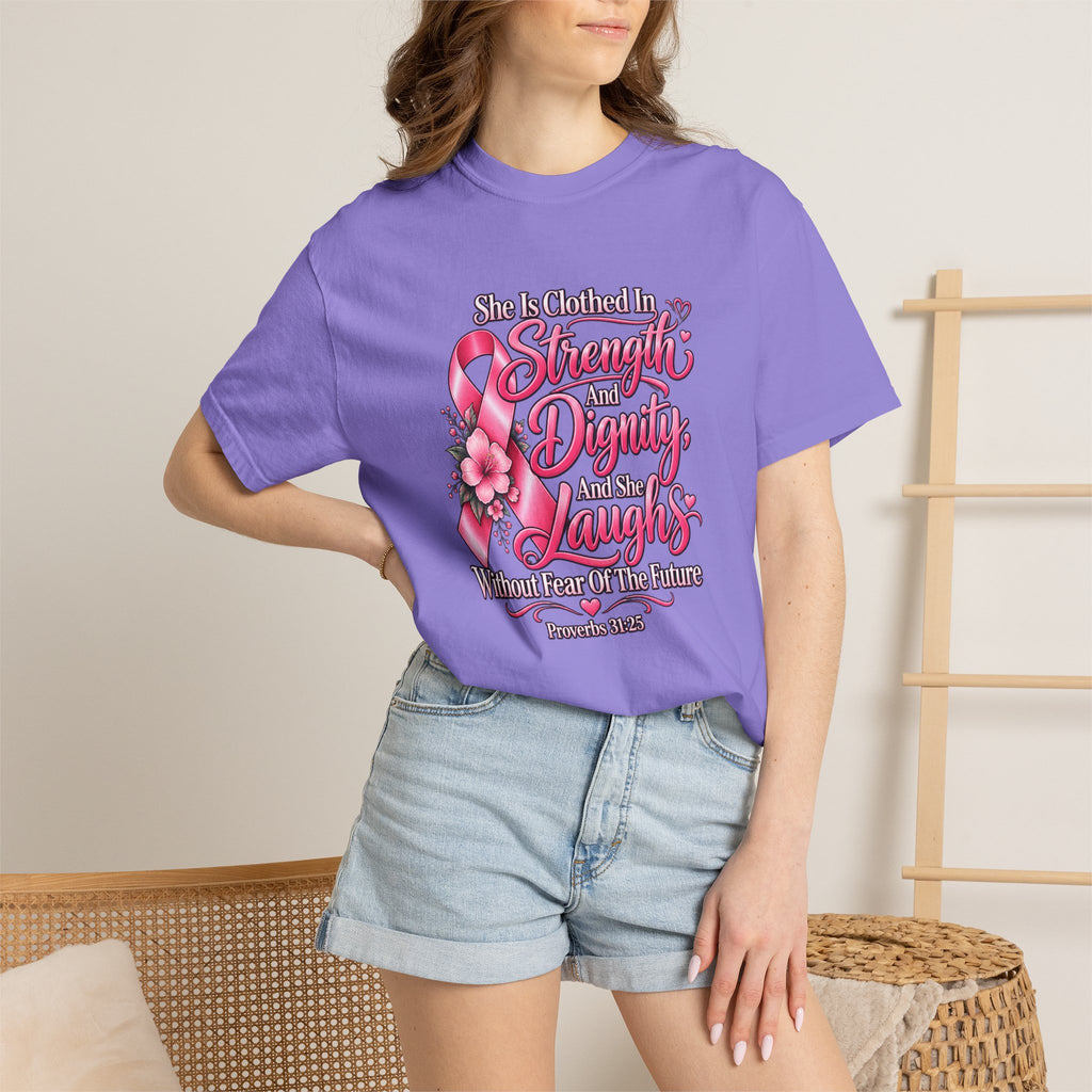 Breast Cancer Awareness T-Shirt — "She is Clothed in Strength" Pink Ribbon Tee