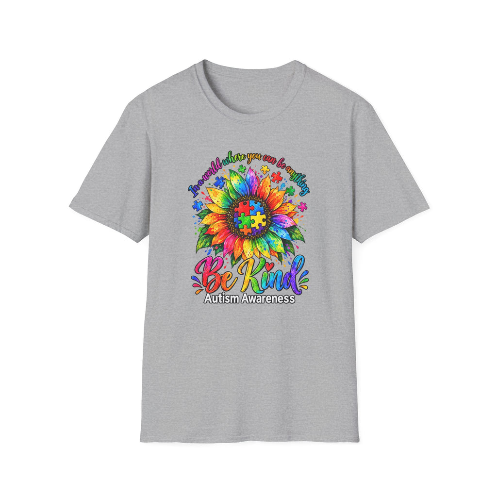 Autism Awareness Sunflower T-Shirt — 'Be Kind' Rainbow Puzzle Design