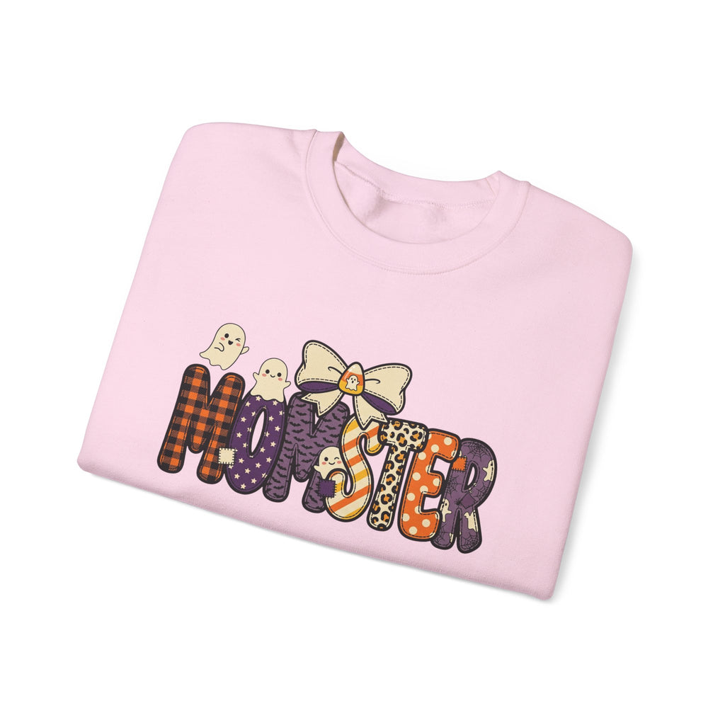 Momster Halloween Sweater | Momster Crewneck Sweatshirt, Halloween mom, purple orange spooky lettering