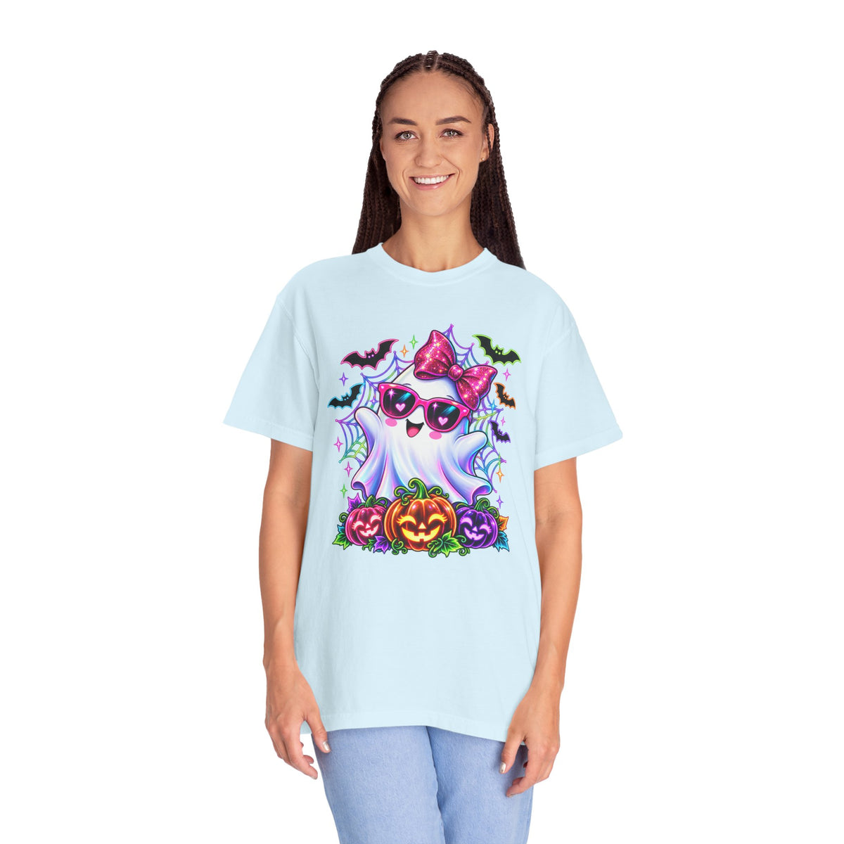 Cute Halloween Ghost T-Shirt — Pink Bow Ghost with Sunglasses & Pumpkins