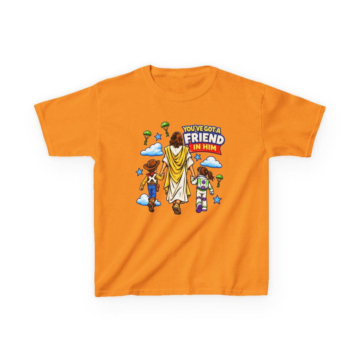 Kids Tee — "You've Gotta Friend in Him" Inspirational Jesus & Toy Friends Graphic