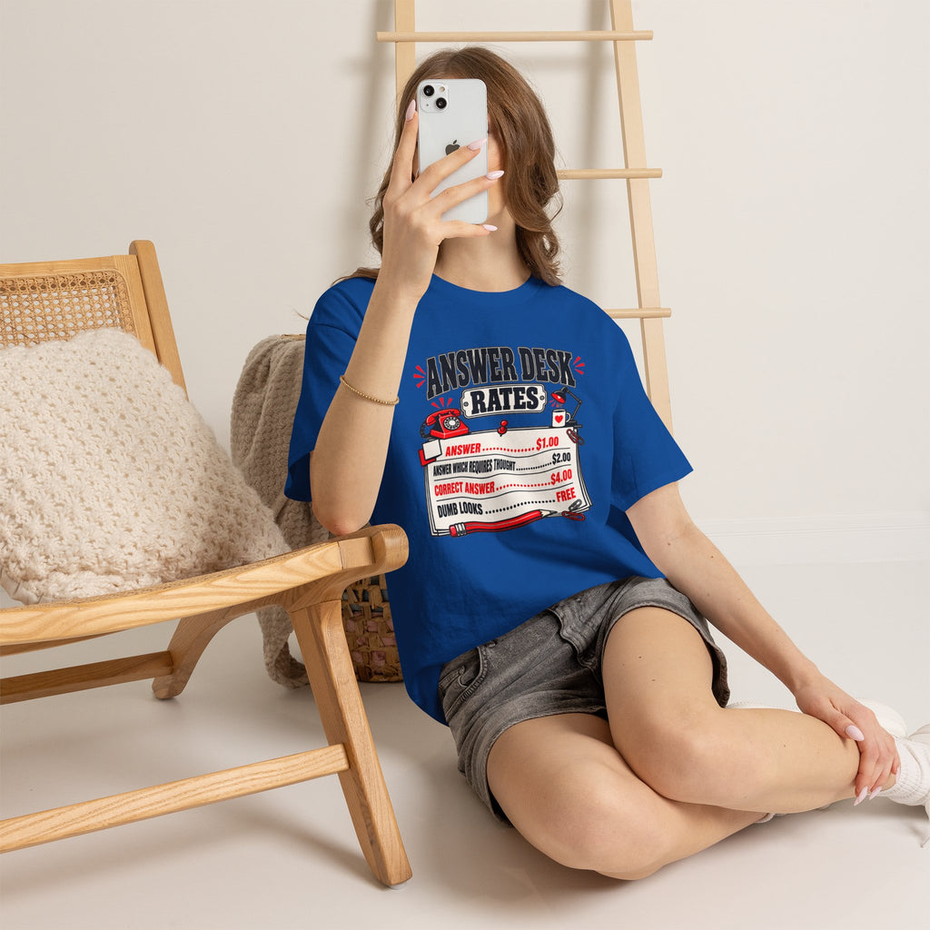 Answer Desk Rates T-Shirt — Funny Help Desk IT Support Tee ("Answer 1.00, Correct Answer 4.00")