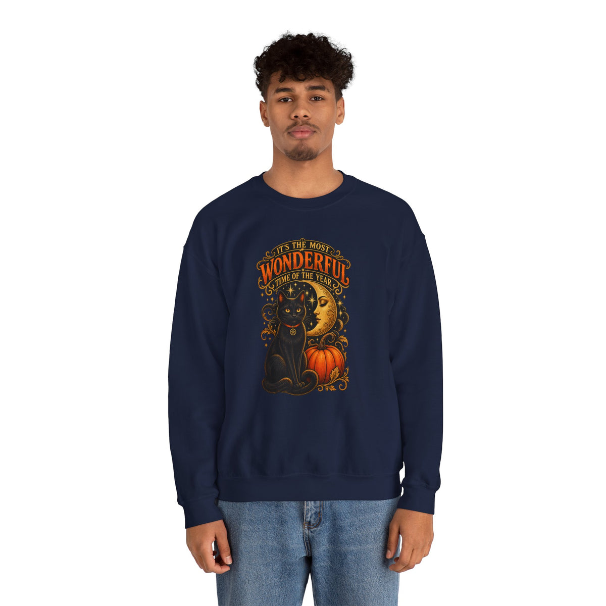 Vintage Halloween Sweatshirt - "It's the Most Wonderful Time of the Year" Black Cat & Moon Design