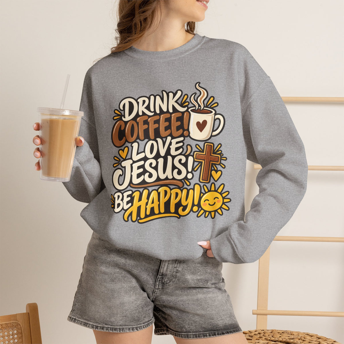 Coffee, Jesus & Be Happy Crewneck Sweatshirt