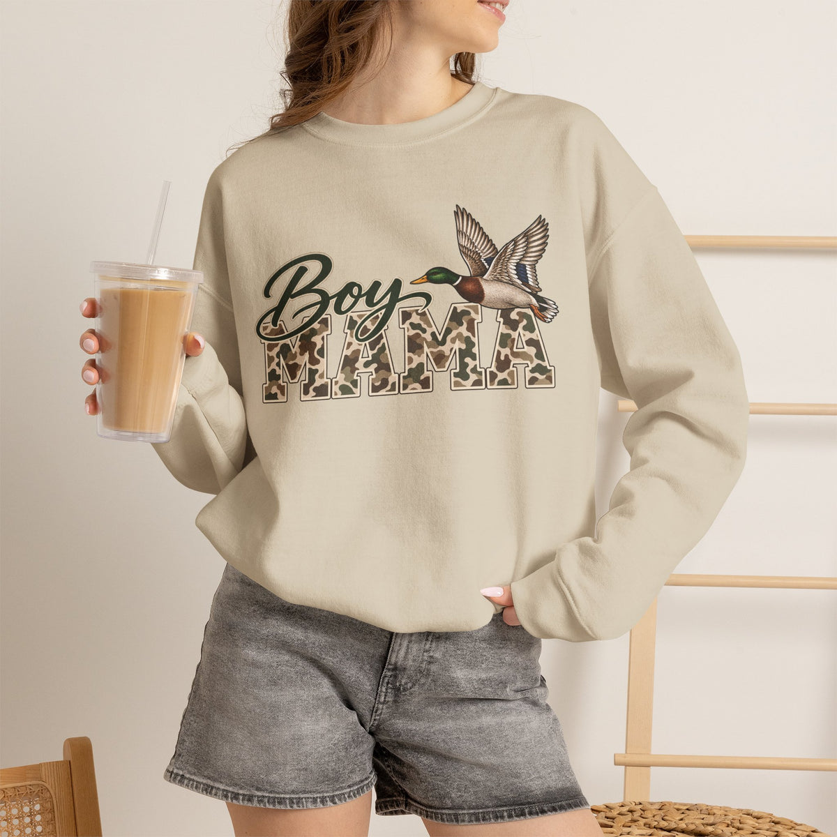 Boy Mama Crewneck Sweatshirt — Camo Lettering with Flying Duck