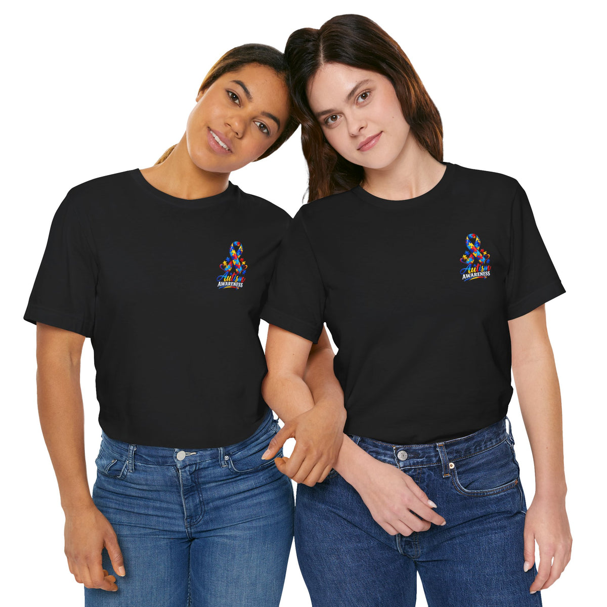 Autism Awareness Ribbon Chest Tee — 'Different, Not Less' Short Sleeve T-Shirt